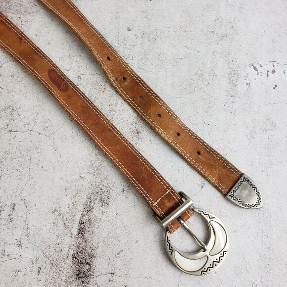 Vintage Genuine Leather Belt tan Brown Art Deco Bohemian Ethnic Western size L - Picture 7 of 8